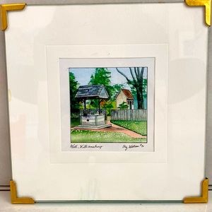 Miniature watercolor drawing titled “Well, Williamsburg”by Elizabeth Wallace.